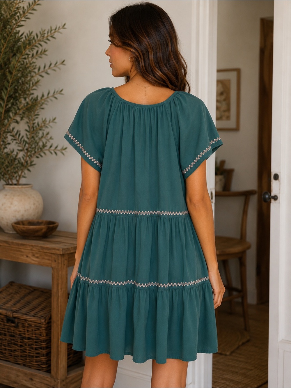Beach Lunch Lounge Teal Tiered Dress Size Small Boho Cottagecore - Picture 2 of 9